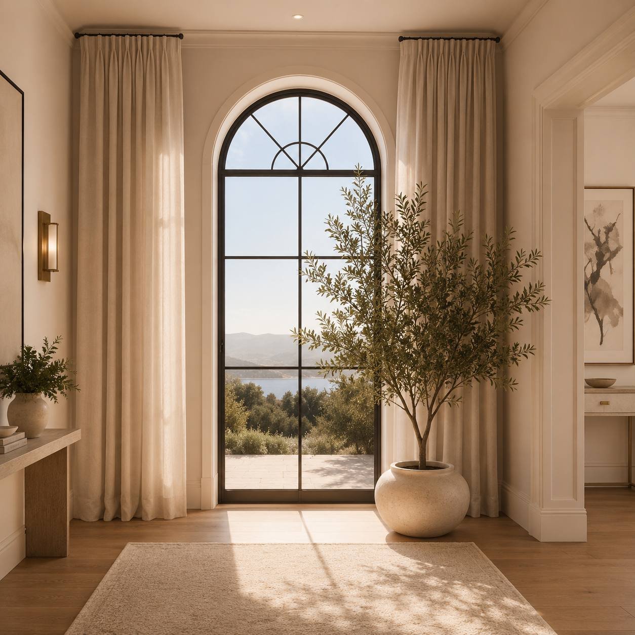 Arched window with an olive tree in soft daylight