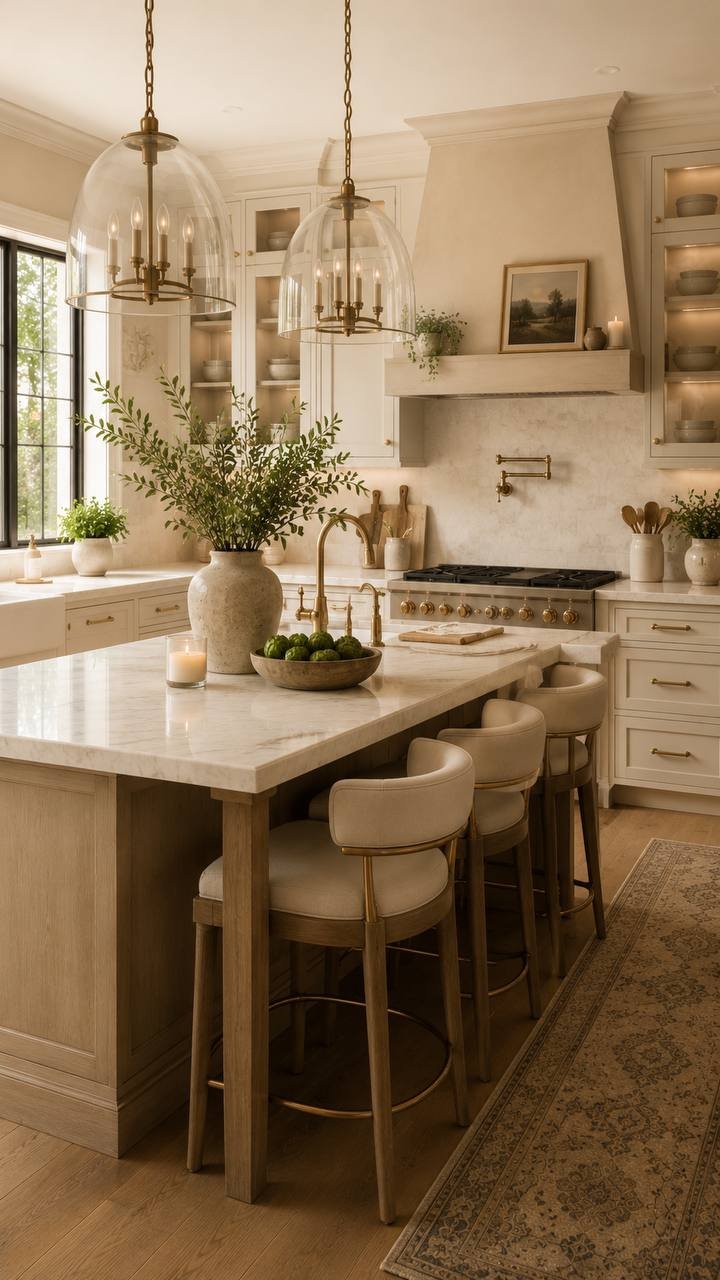 Calm evening kitchen with cleared marble island and warm pendant lighting