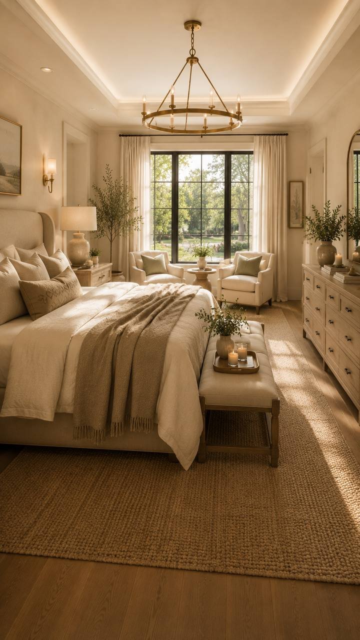 Serene bedroom with a neatly made bed in layered natural linens