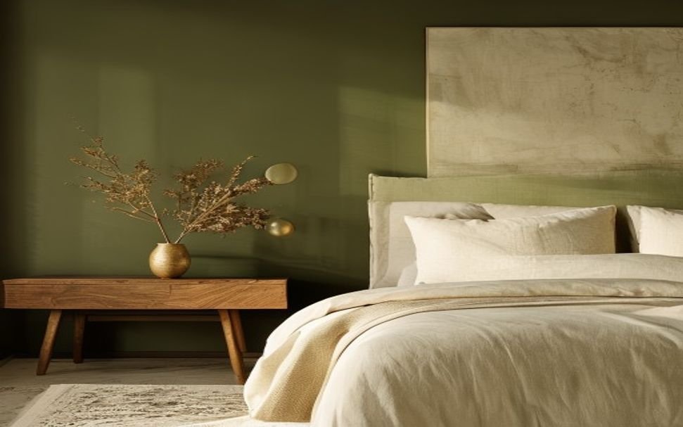 Soft daylight washing over a sage green bedroom with natural linens