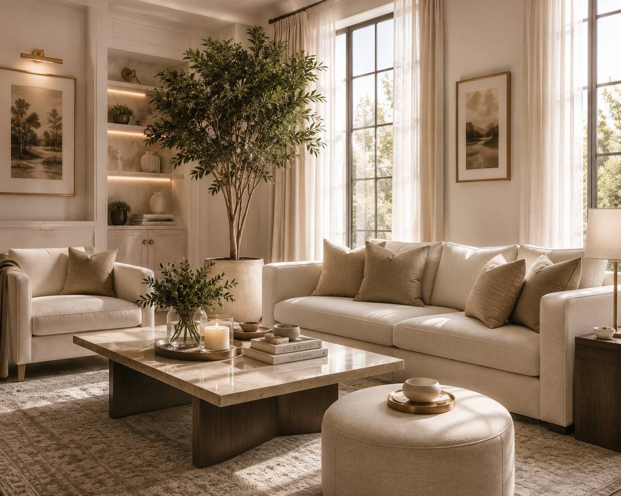 Bright, orderly living room with white sofas and an olive tree