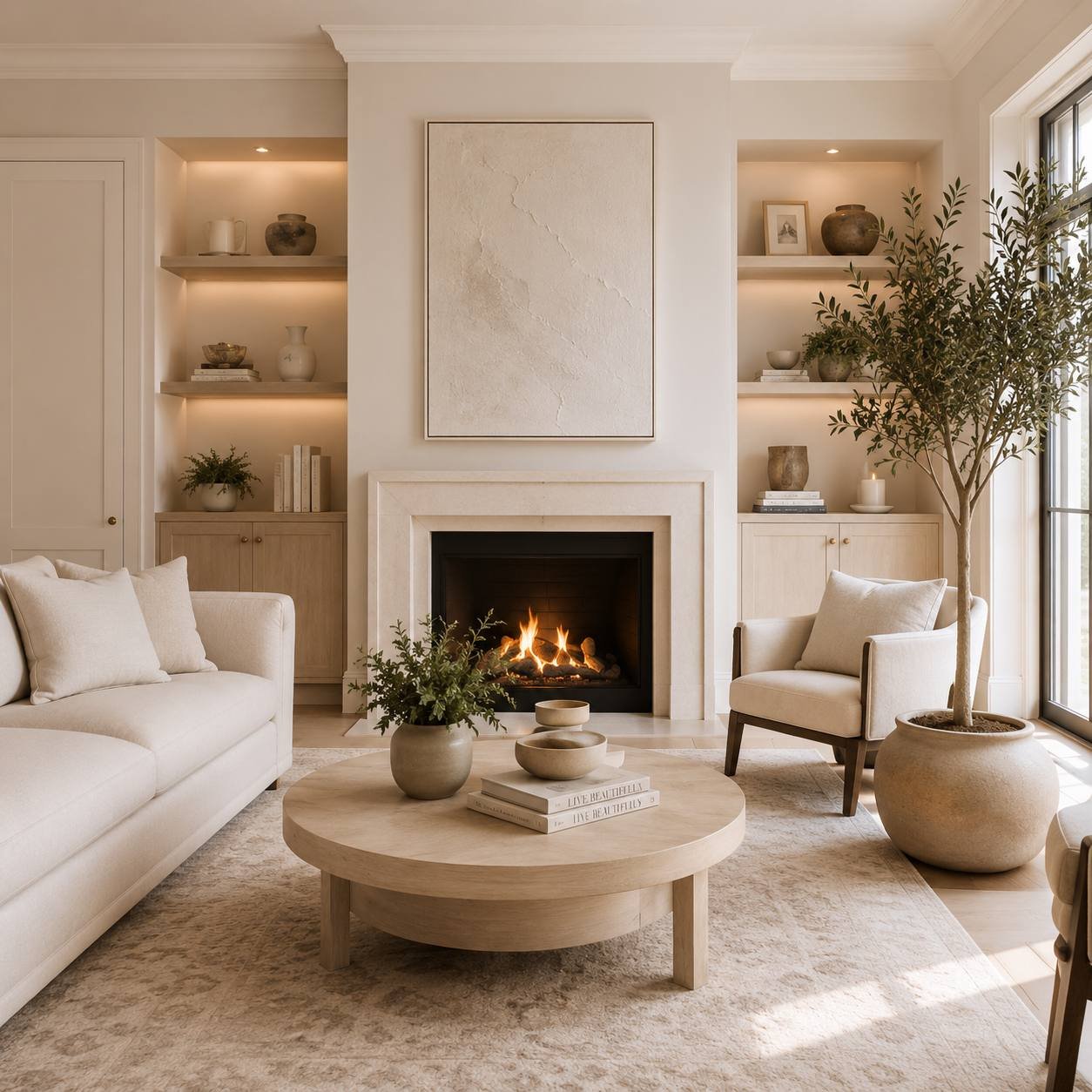 Serene cream living room with a fireplace, olive tree, and soft natural light