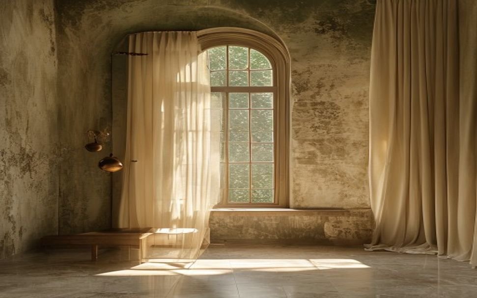 Sunbeams entering through a tall rustic window onto plaster walls