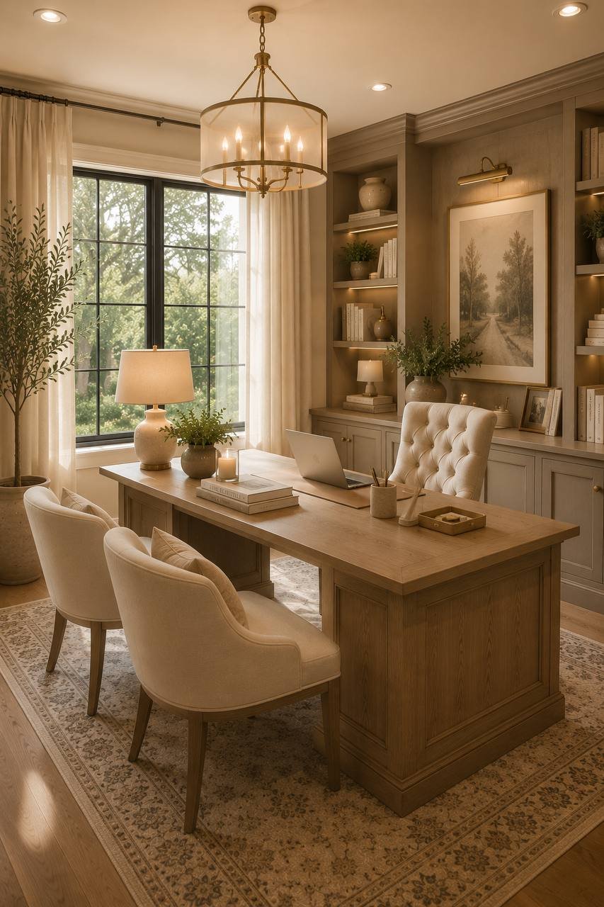 Elegant home office with a clear wooden desk and orderly shelves