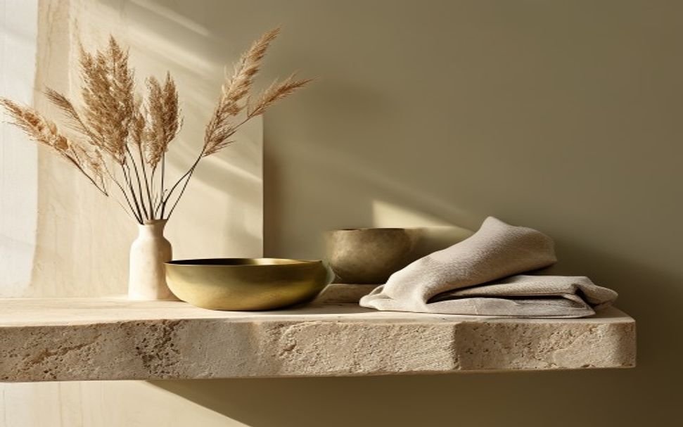Folded linens and ceramics resting on a floating stone shelf
