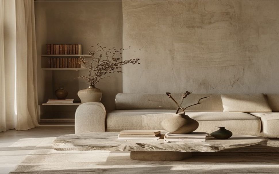 Minimal living room in warm stone tones with generous open space around the furniture