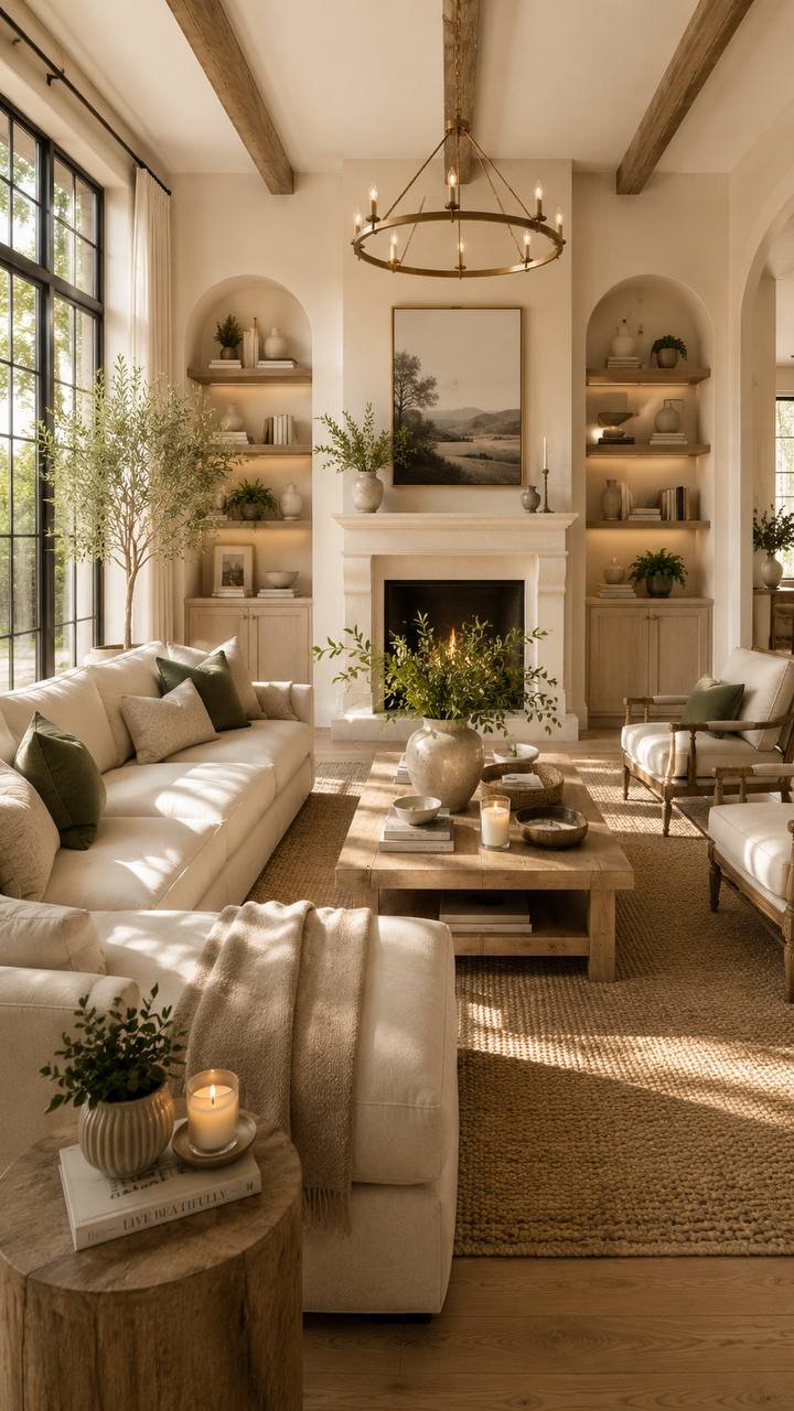 Layered living room with fireplace, wood beams, and soft neutral seating