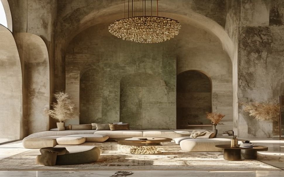 Sculptural living space with arched niches, textured plaster walls, and soft daylight
