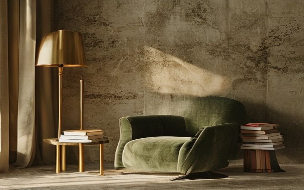 Reading corner with a green velvet armchair, brass floor lamp, and a stack of books