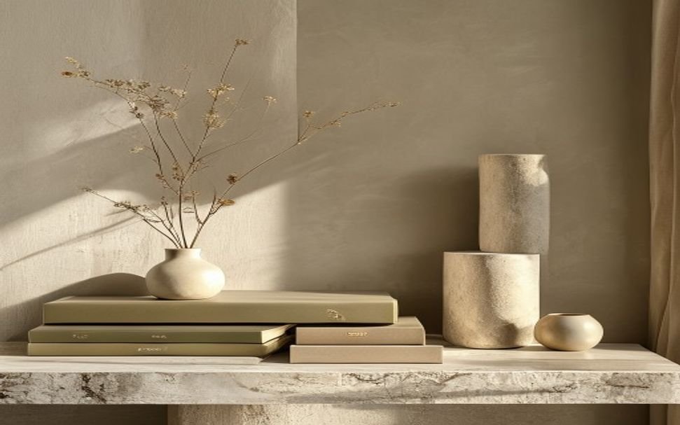 Neatly grouped books and ceramic vases styled on a stone console