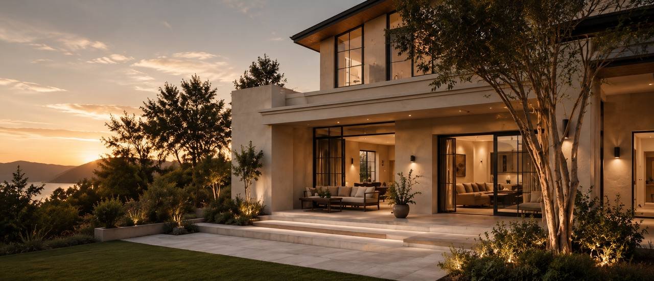 Home exterior glowing at golden hour, with warm light spilling from tall windows