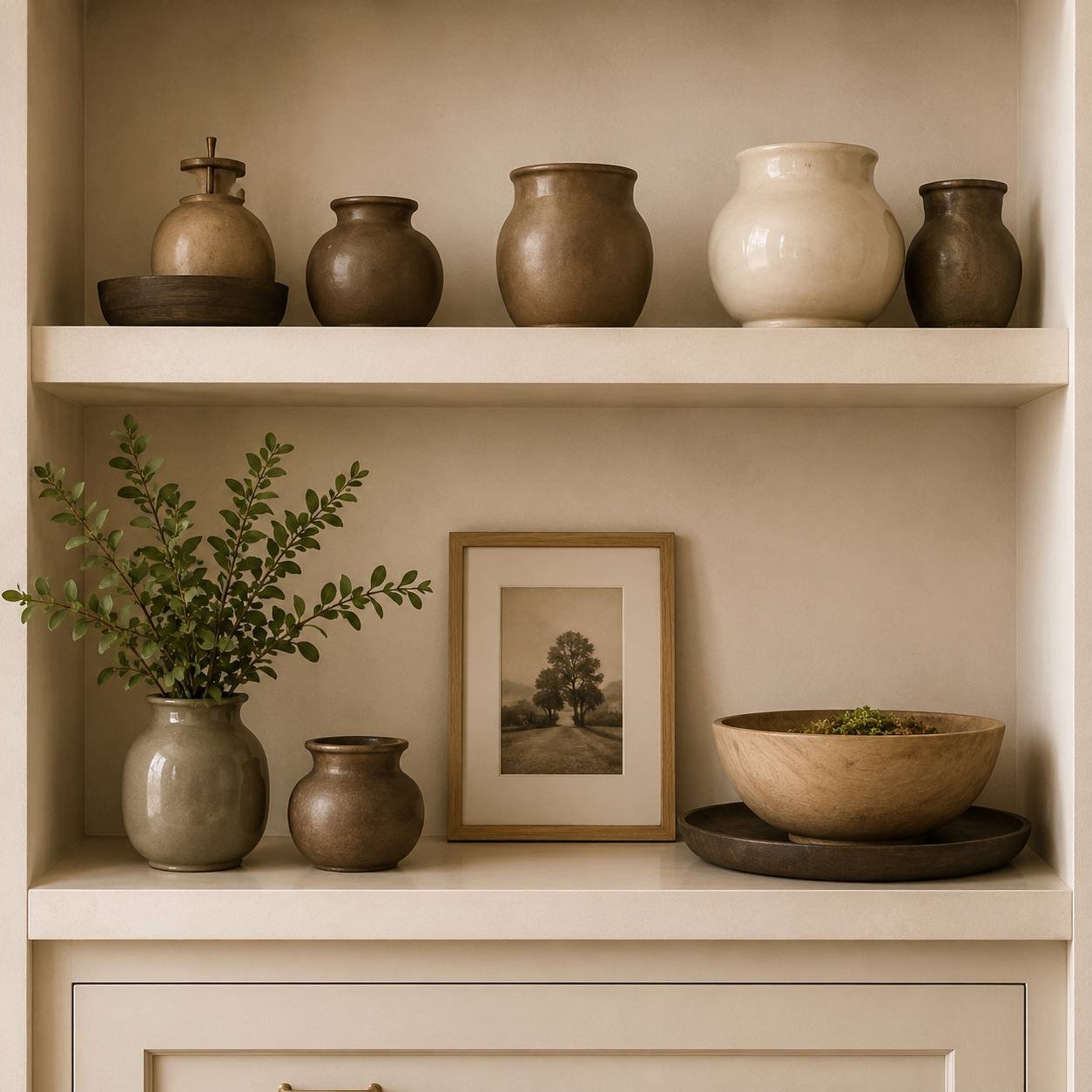 Open shelves styled with handmade ceramics, framed art, and wooden bowls