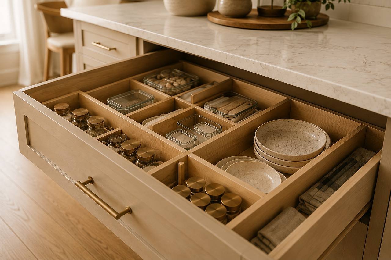 Deep drawer with dividers keeping jars, containers, and dishes organized