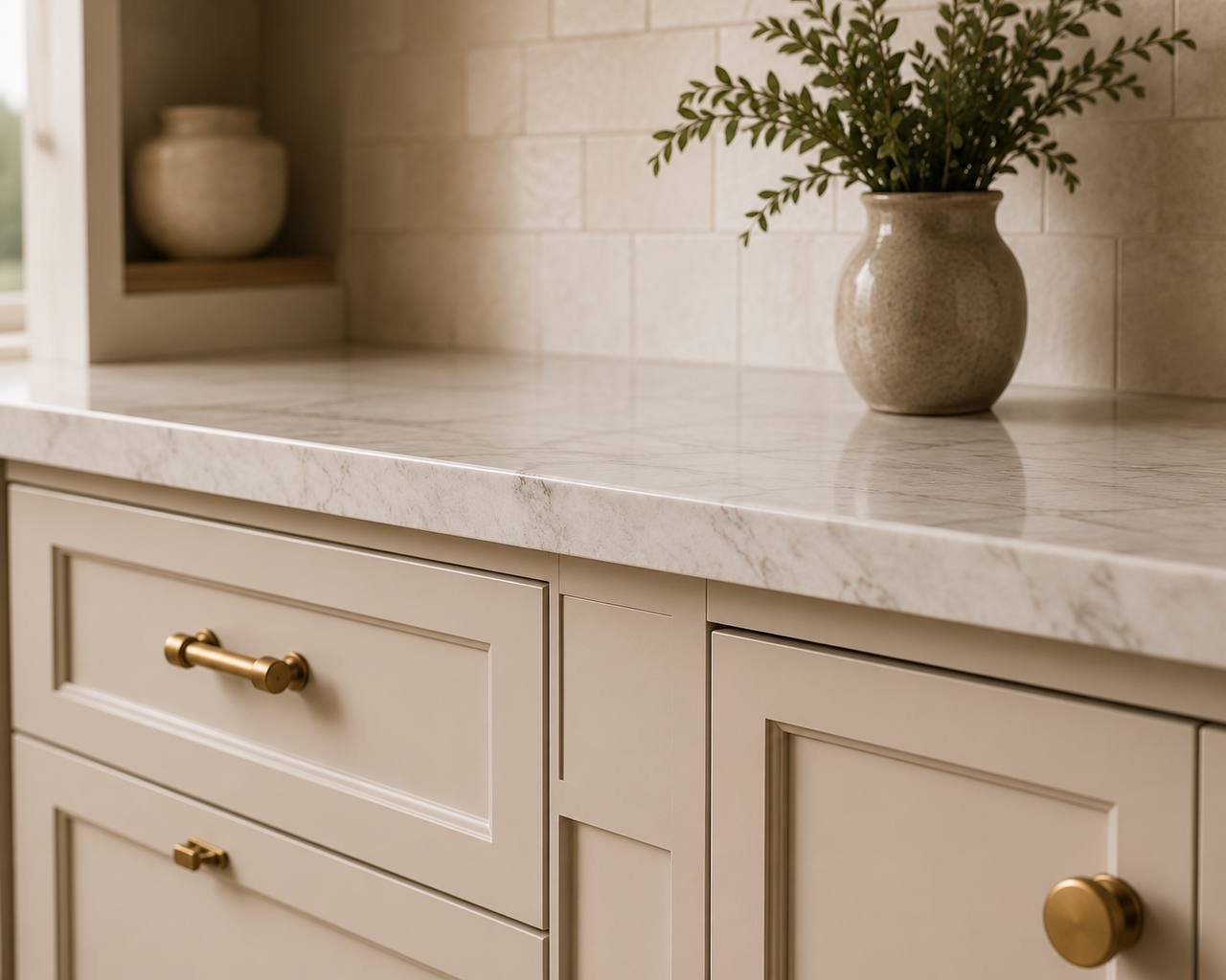 Cream cabinetry with warm brass hardware and marble countertop