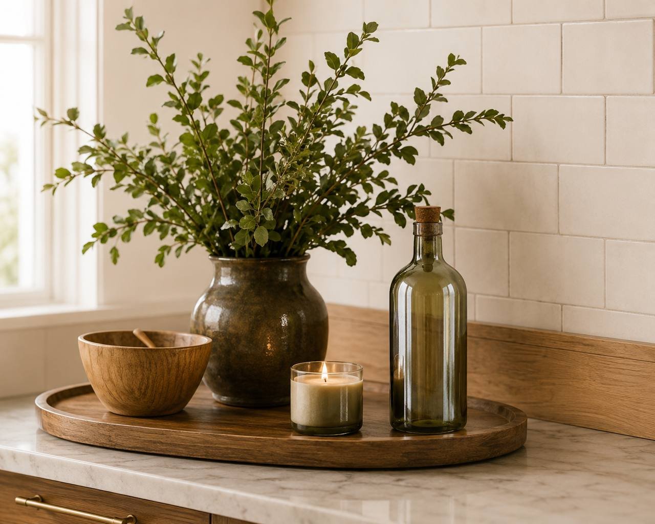 Wooden tray with handmade pottery, candle, and olive-green glass bottle