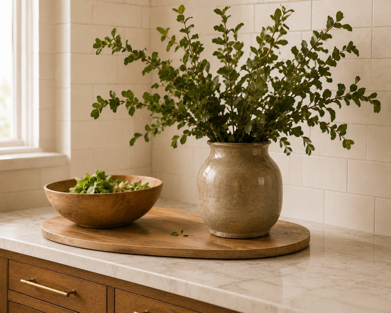 Fresh greenery in a stone vase with a wooden salad bowl