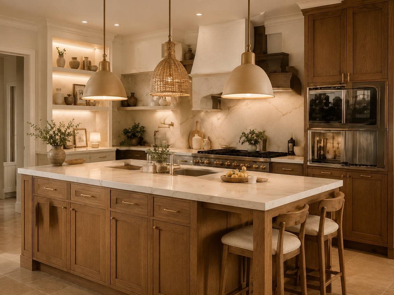 Kitchen with layered lighting: pendants, shelf lighting, and warm recessed lights