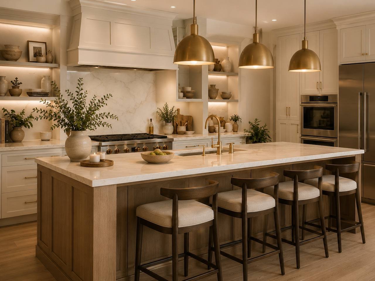 Warm kitchen with cream cabinetry, marble island, and brass pendant lights