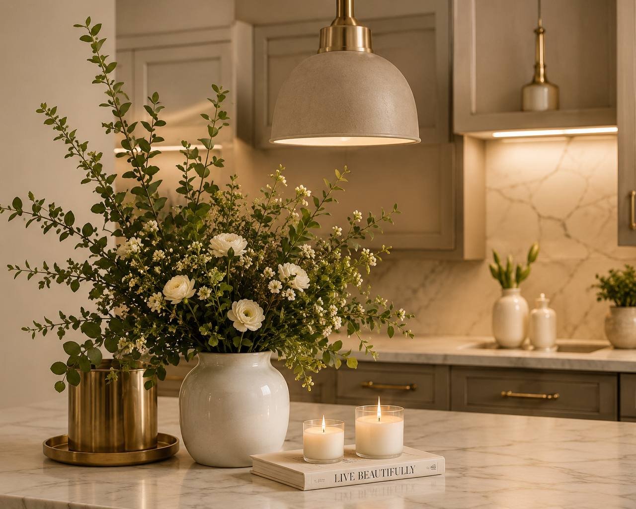 White flowers, candles, and a book that reads Live Beautifully on a marble counter