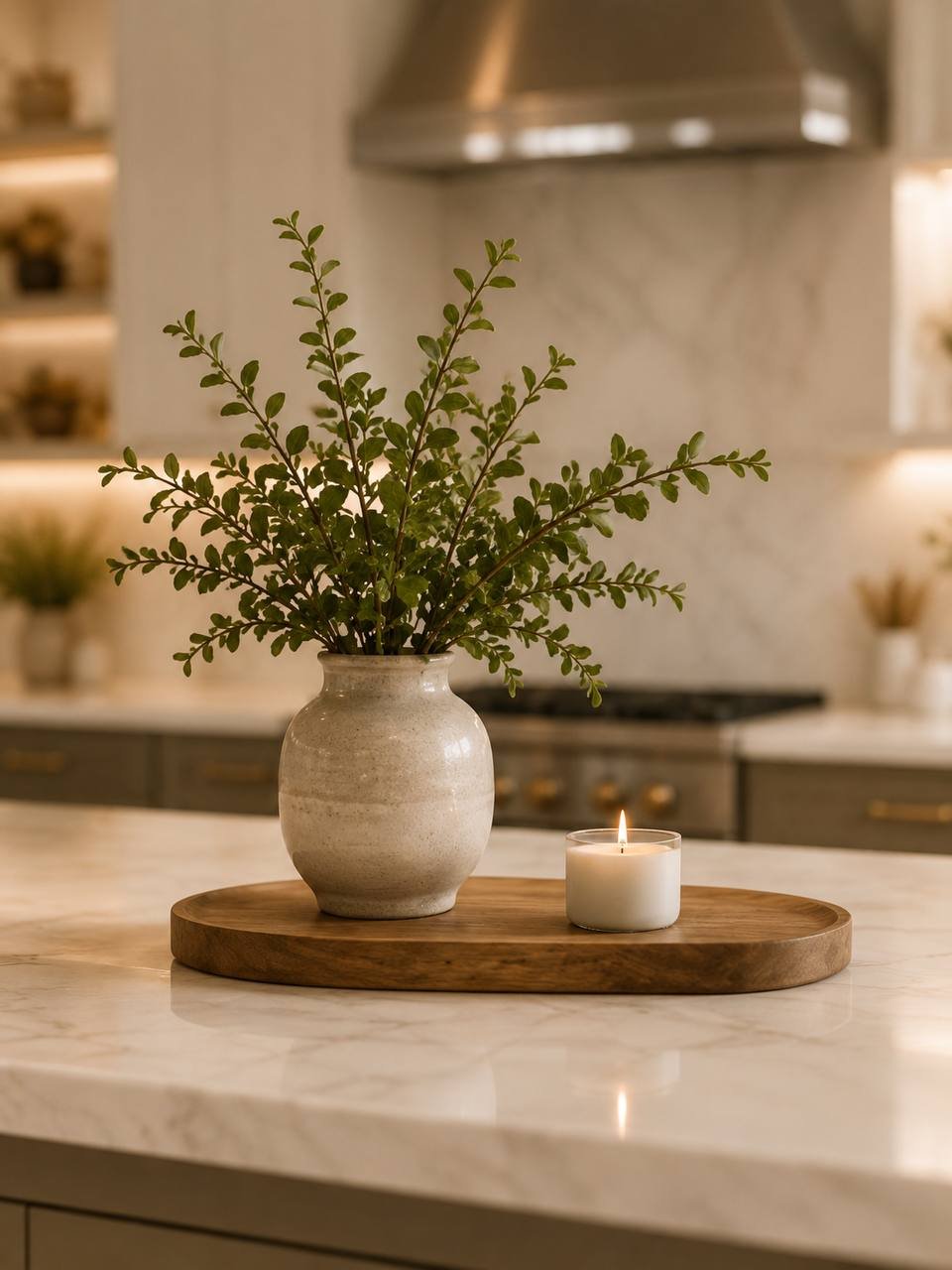 Countertop styled simply with greenery, a candle, and a wooden tray
