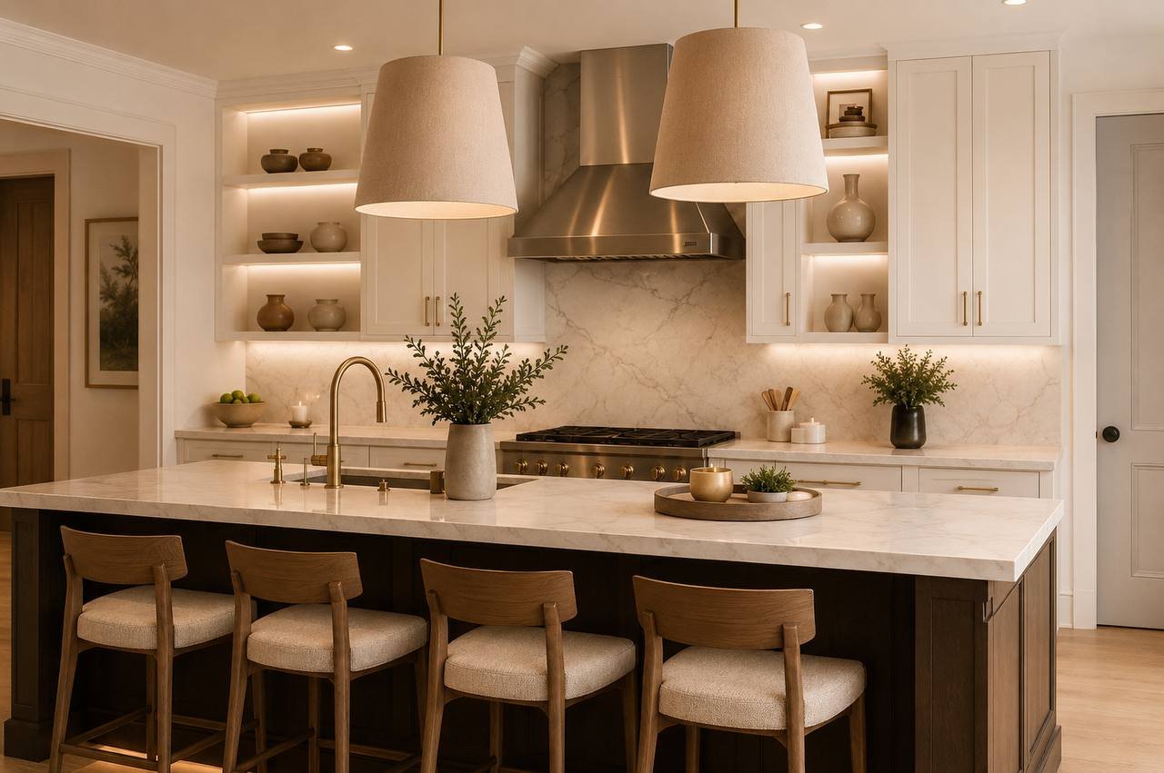 Serene kitchen in warm neutrals with linen pendant shades