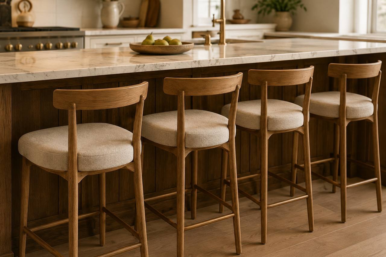 Upholstered oak bar stools at a marble kitchen island